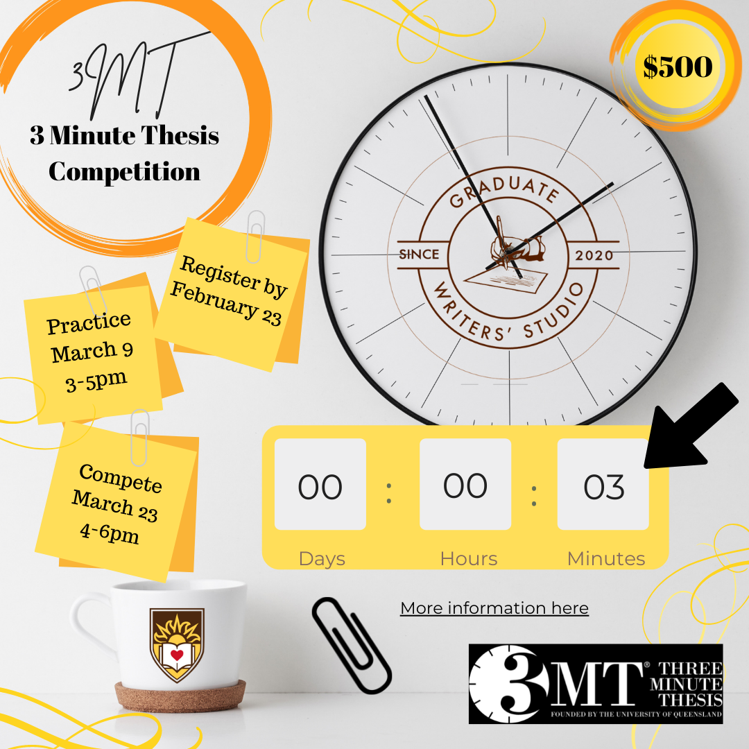 The image is a photo of a clock with the graduate writers' studio logo in the center. There is a coffee mug with a Lehigh logo, a paperclip, and the 3MT logo. There is a time clock with 3 minutes on it. 